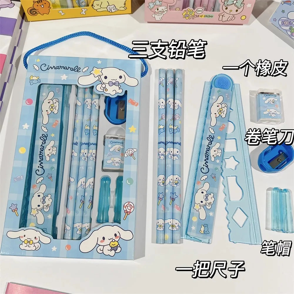 Sanrio Stationery Set Pencil Eraser Ruler Kawaii My Melody Kuromi Cinnamoroll Painting Primary School Supplies Student Kid Gift